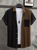 Men's Colorblock Pocket Button Front Shirt, Shirts for Men, Casual Streetwear Regular Fit Short Sleeve Corduroy Top for Summe...