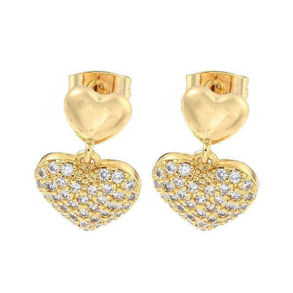 Heart Brass Pave Clear Cubic Zirconia Dangle Stud Earrings
