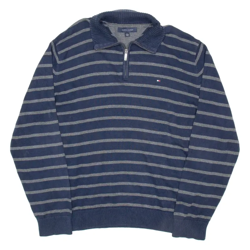 TOMMY HILFIGER Mens Patterned Cardigan Blue Striped High Neck Tight Knit XL