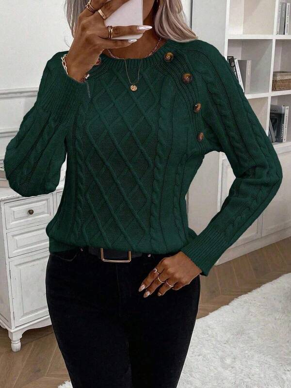 Clara – Button-Detail Cable Knit Sweater