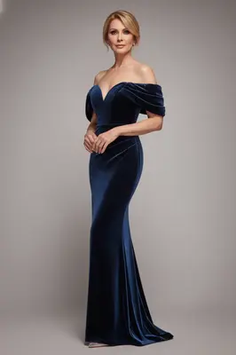 Goddiva Off The Shoulder Deep Plunge Velvet Maxi Dress - Navy Blue
