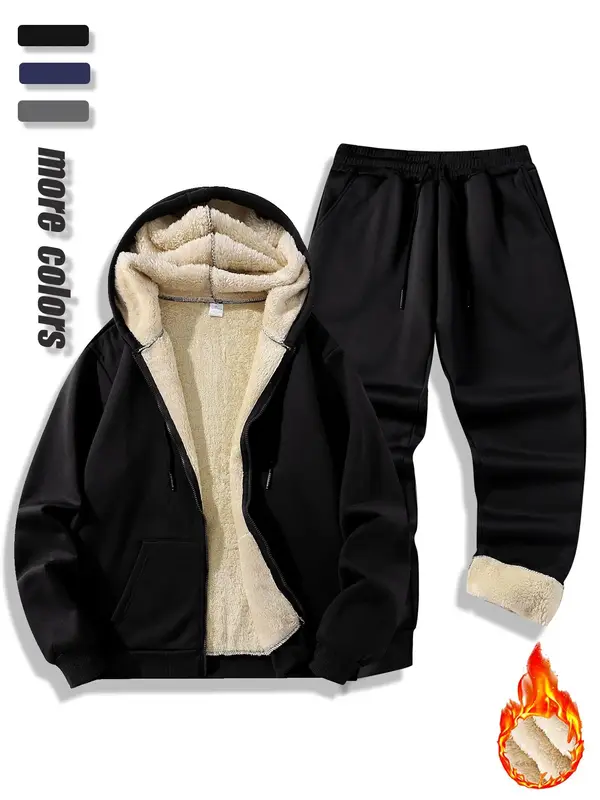 Men's Solid Thermal Lined Zip Up Hooded Jacket & Drawstring Waist Pants Two-piece Set, Casual Regular Fit Long Sleeve Hooded ...