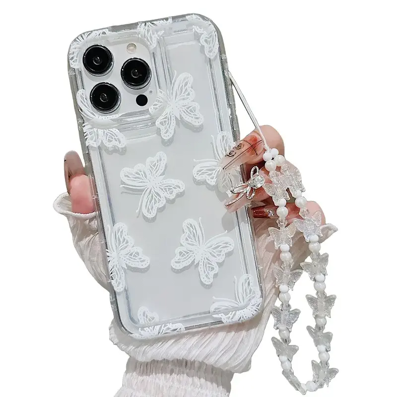 Butterfly Decor Phone Case with Wrist Strap, National Day Offers, Shockproof Phone Protective Cover, Compatible with iPhone ...