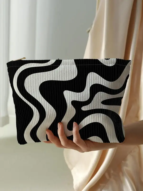 Zebra Stripe Pattern Corduroy Makeup Bag, Casual Lightweight Multi-functional Fashionable Travel Cosmetic Bag, Casual Trendy ...