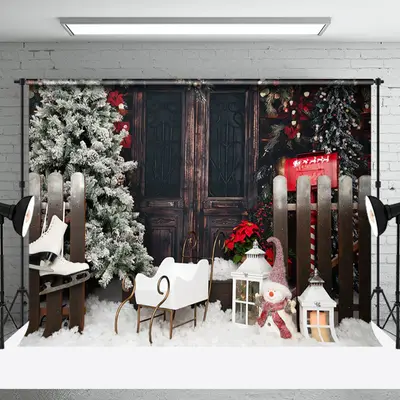Aperturee Cradle Mailbox Wood Door Skates Christmas Backdrop