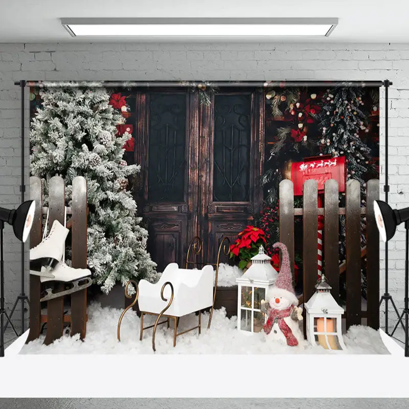 Aperturee Cradle Mailbox Wood Door Skates Christmas Backdrop
