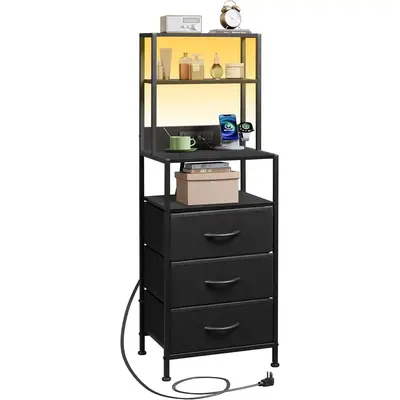 WLIVE Tall Nightstand with Charging Station, LED Night Stand with 3 Fabric Drawers and Storage Open Shelves, Bedroom Nightsta...