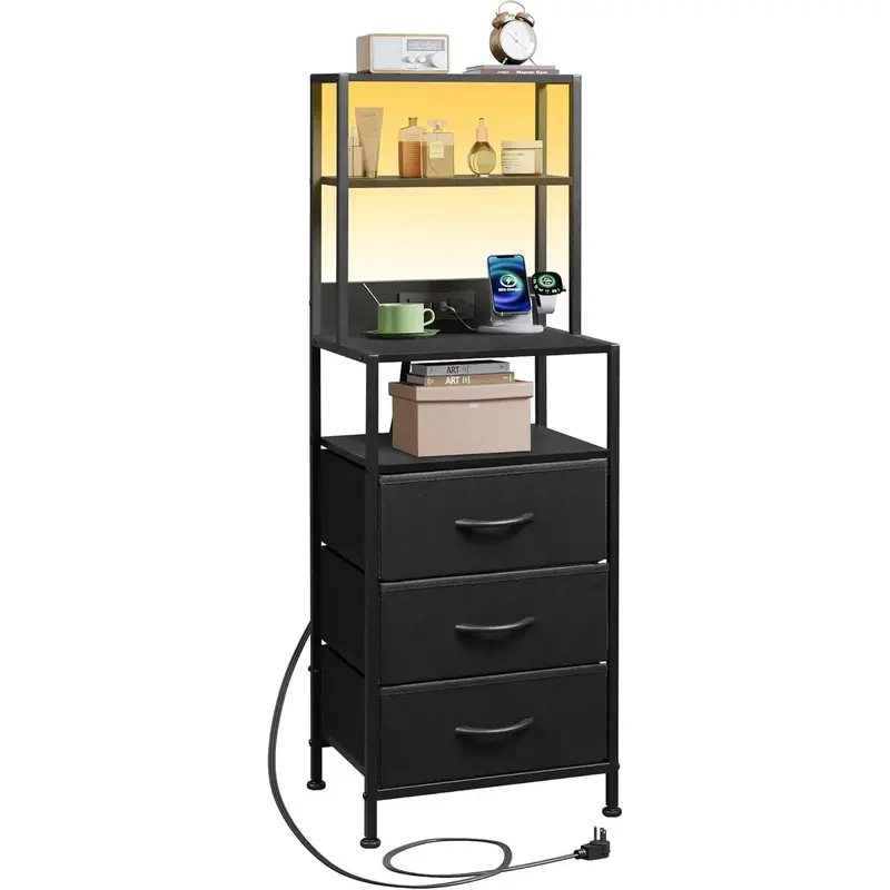 WLIVE Tall Nightstand with Charging Station, LED Night Stand with 3 Fabric Drawers and Storage Open Shelves, Bedroom Nightsta...