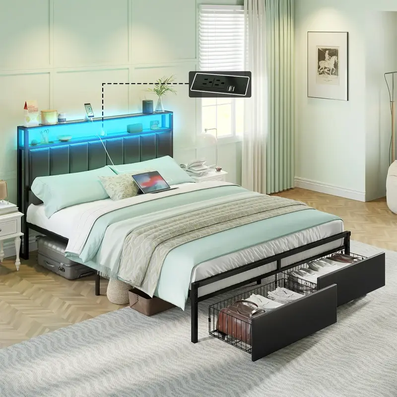 VanAcc LED Bed Frame with 2 Drawers, Platform Bed Frame with 2-Tier Storage & Leather Upholstered & Charging Station Headboar...