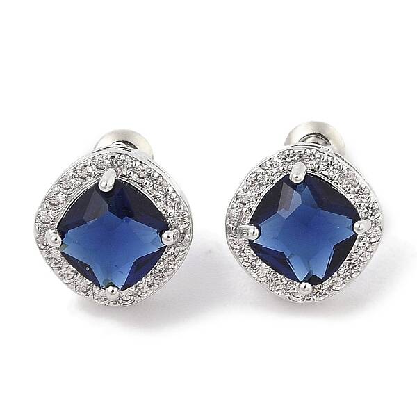 Brass Pave Cubic Zirconia Square Stud Earrings for Women
