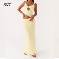 Women's Summer Stylish Long Dress Solid Hollow Out Sleeveless Spaghetti StrapFit Bodycon Party Dress