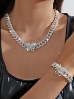 Rhinestone Butterfly Decor Pendant Necklace & Matching Bracelet, Luxury Jewelry for Party, Daily Clothing Decor, Trendy All-m...