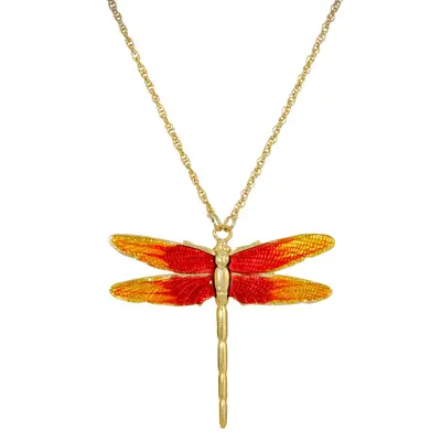 Gold-Tone Orange Enamel Dragonfly Pendant Necklace 16\
