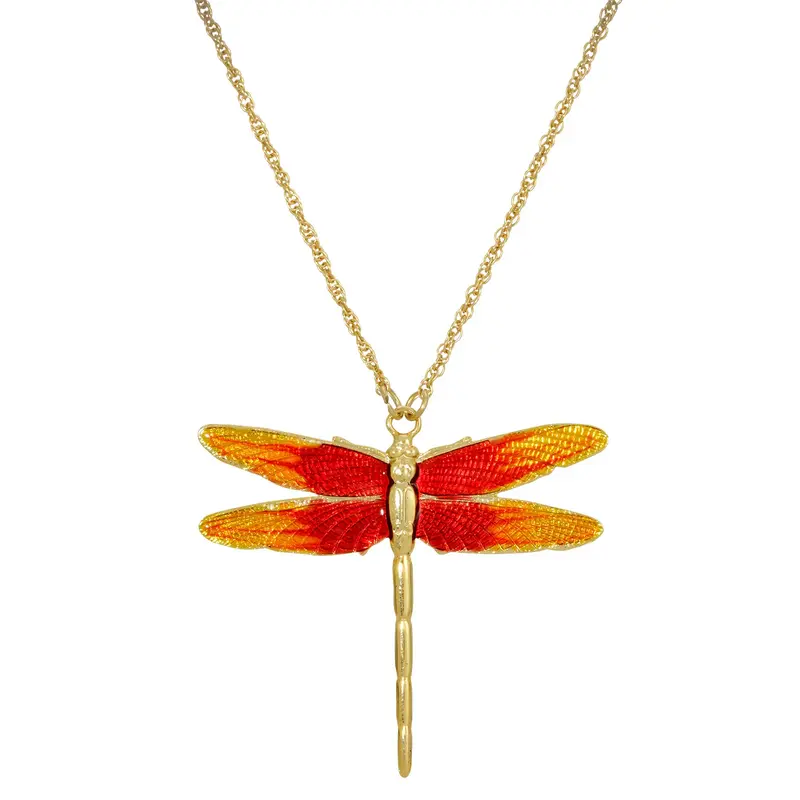 Gold-Tone Orange Enamel Dragonfly Pendant Necklace 16\