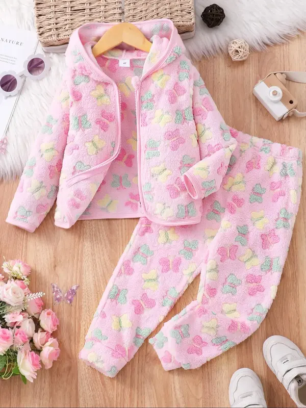 Two-Piece Set Girl's Butterfly Print Zip Up Hooded Jacket & Elastic Waist Pants Fuzzy Set, Cute Long Sleeve Hooded Outerwear ...