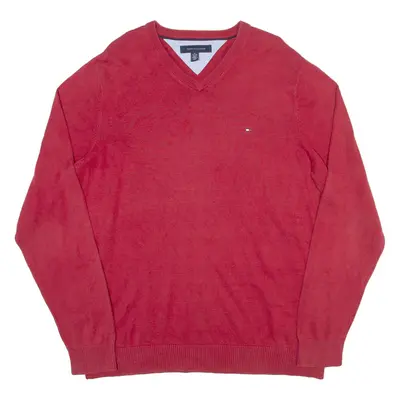 TOMMY HILFIGER Mens Jumper Red V-Neck Tight Knit XL