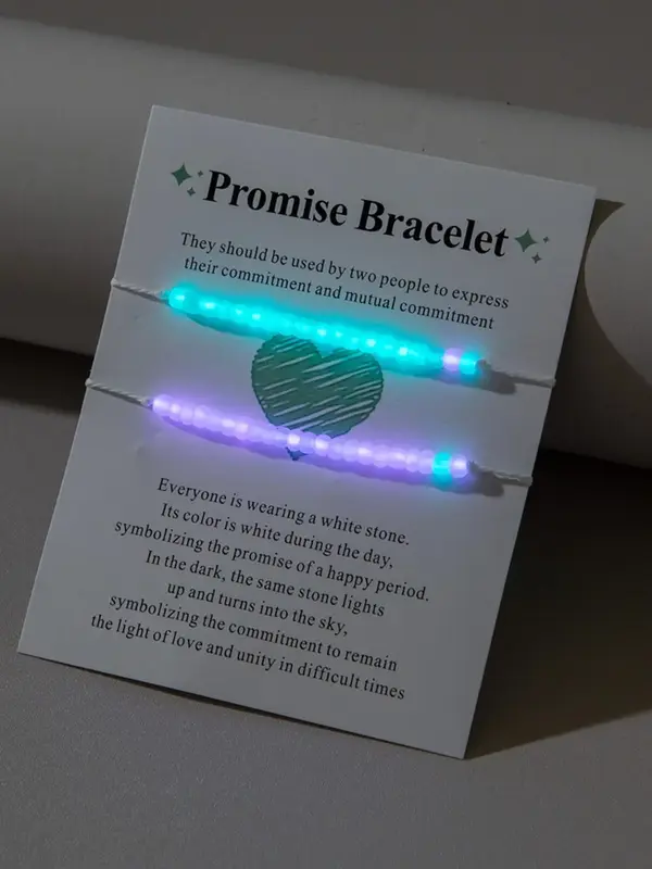 2pcs Y2K Luminous Beaded Bracelet, Friendship Couple Bracelet, Boho Style Adjustable String Bracelet for Women & Girls
