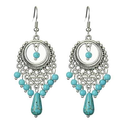 Synthetic Turquoise Beaded Long Drop Earrings