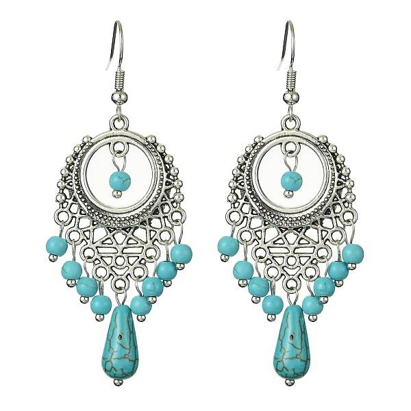 Synthetic Turquoise Beaded Long Drop Earrings