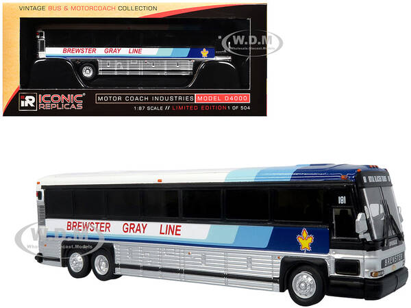 2001 MCI D4000 Coach Bus Brewster Gray Line White with Blue Stripes Vintage Bus & Motorcoach Collection Limited Edition t...