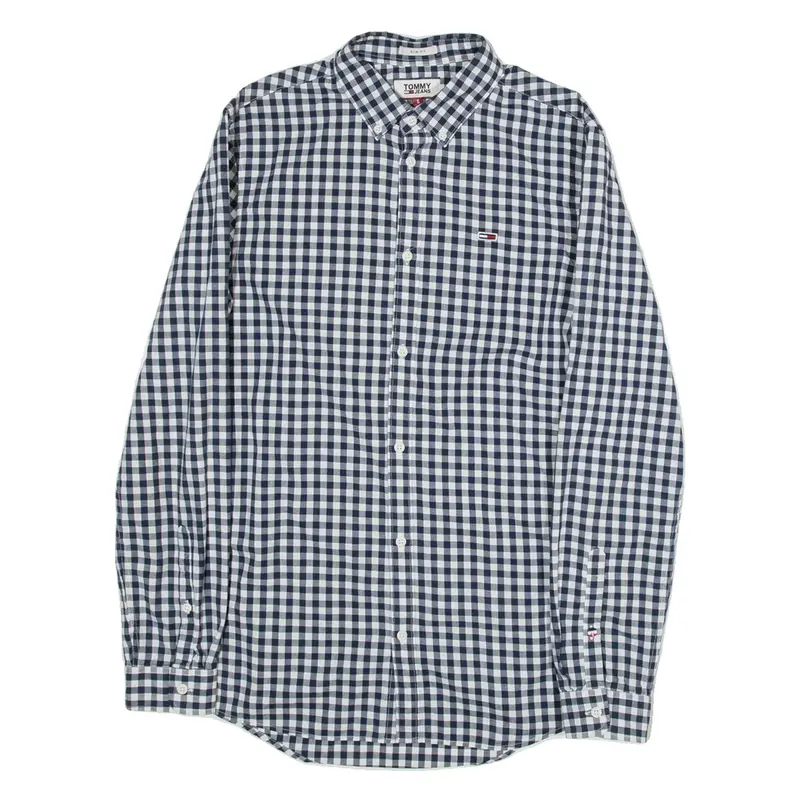 TOMMY JEANS Slim Fit Mens Shirt Grey Gingham Long Sleeve S