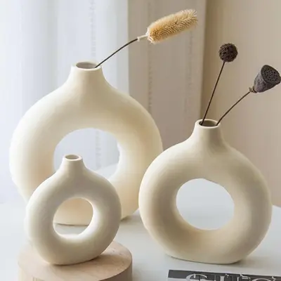 Creative DIY Summer Home Decor Donut Shaped Flower Vase, 1 Count Solid Color Minimalist Hollow Aesthetic Ceramic Vase, Room...