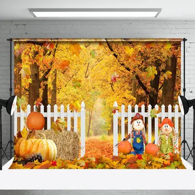 Aperturee Scarecrows Pumpkin Autumn Maple Leaves Fence Backdrop - Aperturee