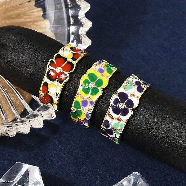 Brass Micro Pave Clear Cubic Zirconia Enamel Cuff Rings for Women