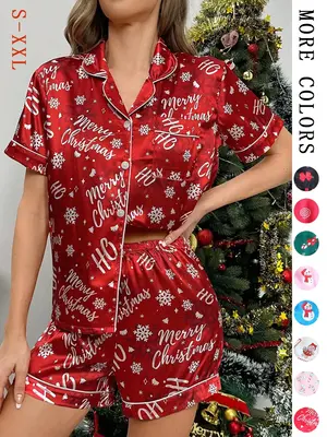 Two-Piece Set Women's Christmas Print Lapel Neck Pocket Shirt & Elastic Waist Shorts Pajama, Casual Comfy Short Sleeve Button...