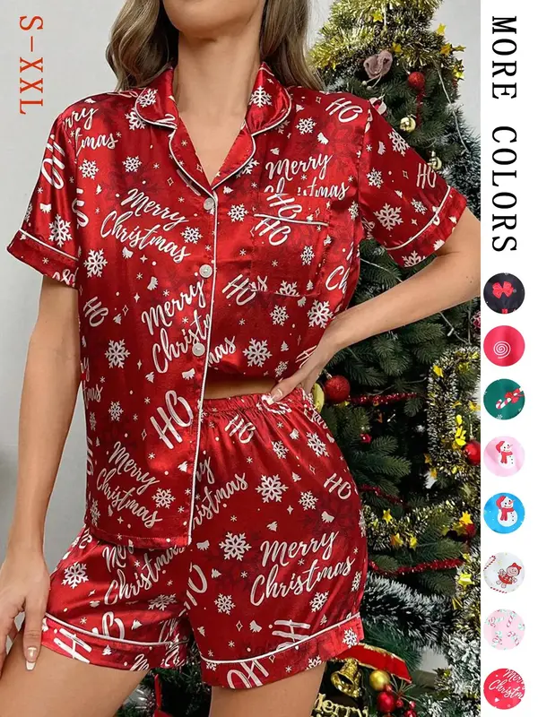 Two-Piece Set Women's Christmas Print Lapel Neck Pocket Shirt & Elastic Waist Shorts Pajama, Casual Comfy Short Sleeve Button...