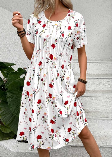 Modlily White Tuck Stitch Floral Print A Line Dress - M