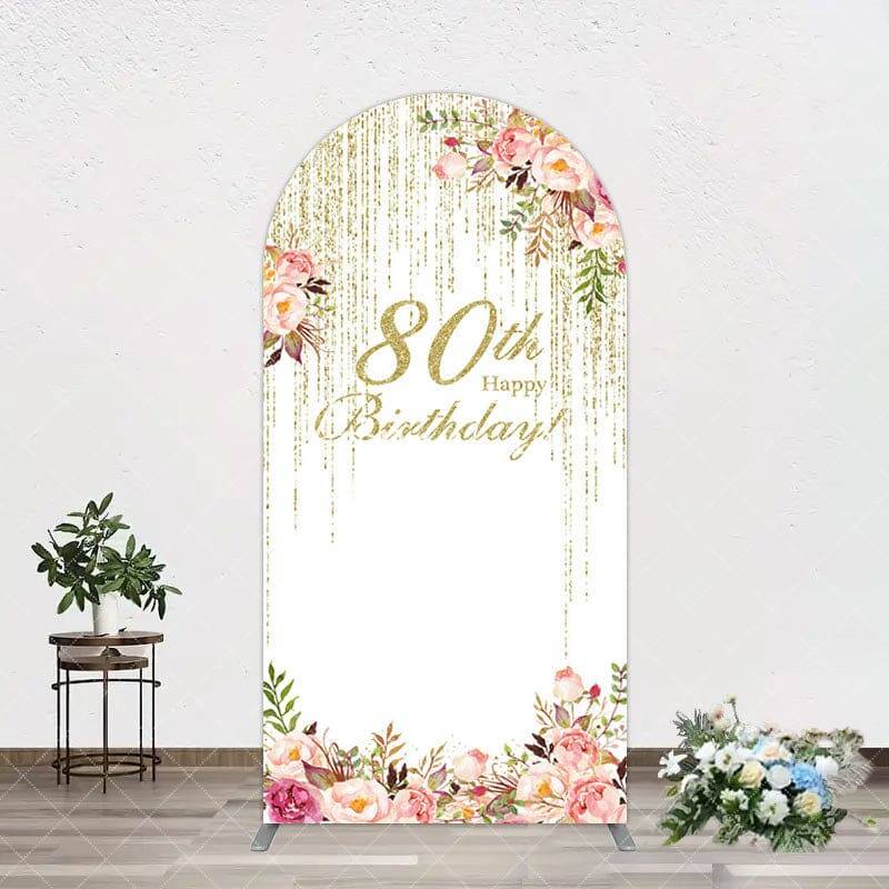 Aperturee Gold Glitter Floral 80th Birthday Arch Backdrop, 1.6X4FT(0.5X1.2M), 38.18 USD, arch backdrop kit, GLH0F309-A