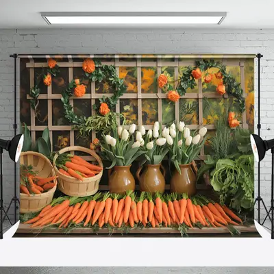 Aperturee Spring Orange Carrot Potted Plant Photo Backdrop, 3X2FT(1MX0.6M), 14 USD, spring backdrops, NYHD5I96-M