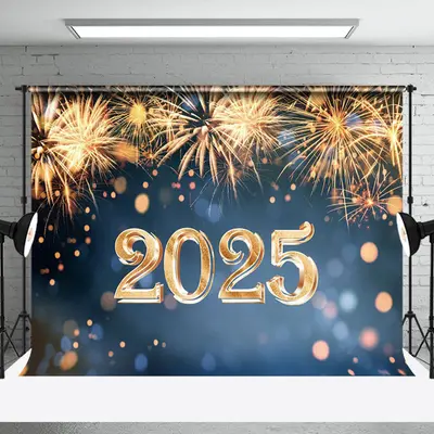 Aperturee Shiny Gold Sparkle Blue 2025 Happy New Year Backdrop - Aperturee