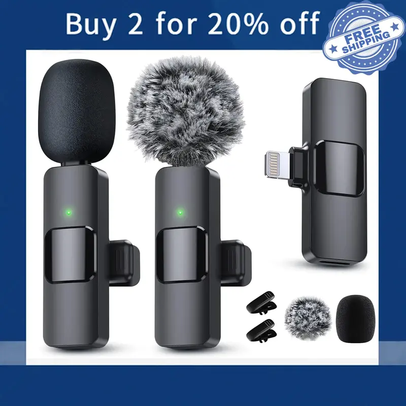 2 Pack Wireless mini microphone for Smartphone,Lapel Mics Plug-Play 2.4G Ultra-Low Delay Built-in Noise Reduction Chip for Au...