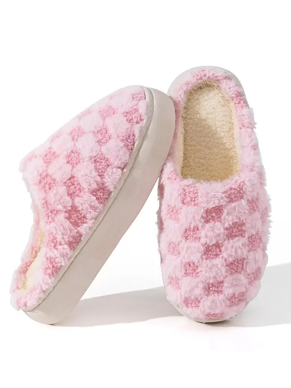 Women's Plaid Pattern Plush Slippers, Casual Soft Comfortable Non-slip Home Slippers for Fall & Winter, Fluffy Bedroom Slippe...