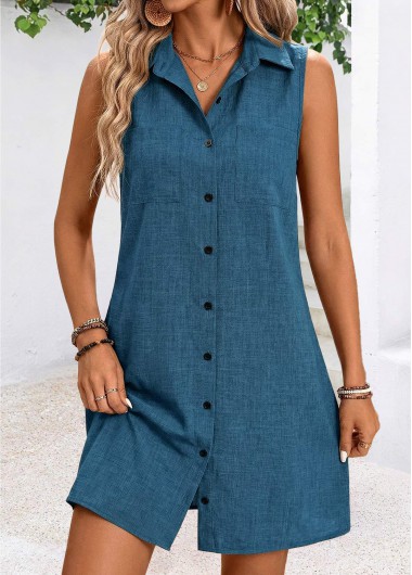 Modlily Peacock Blue Short Tummy Coverage Sleeveless Shirt Collar Dress - XL