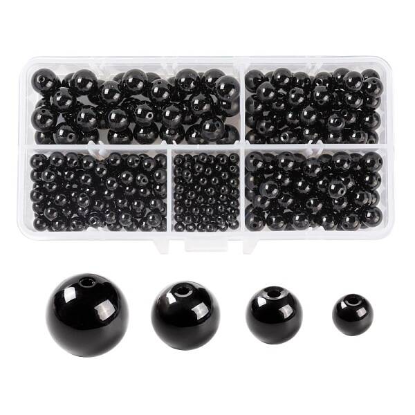 340Pcs 4 Sizes Synthetic Black Stone Beads Strands