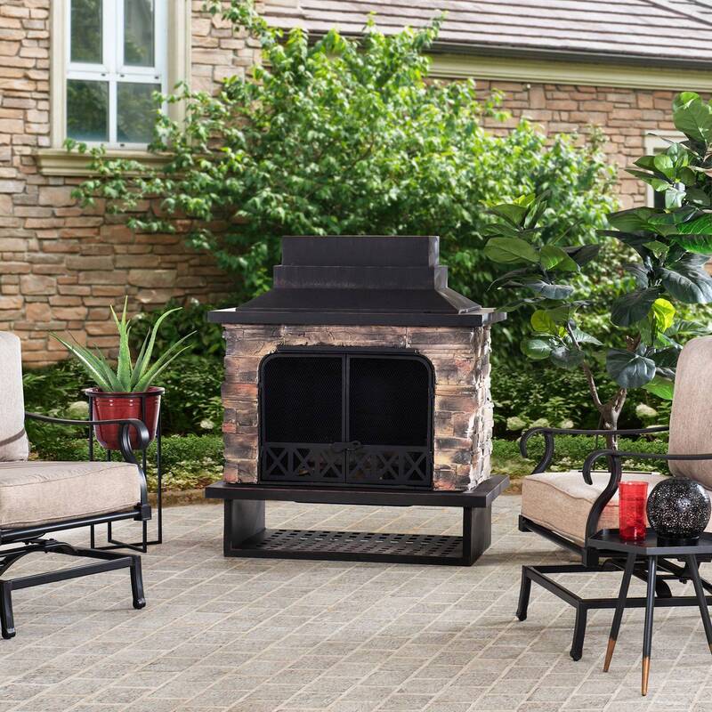 SUNJOY 48 Inch Outdoor Stone Fireplace Kit with Chimney and Doors