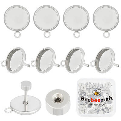 Beebeecraft 1 Box 50 Sets Blank Post Earring Stainless Steel Flat Round Stud Earring Settings and Ear Nuts with Loop for DIY ...