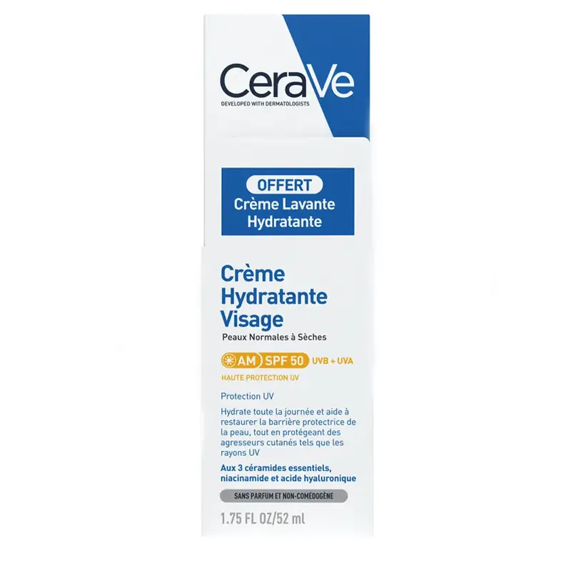 Cerave Moisturizing Facial Cream SPF50 52ml + Cleansing Cream 20ml Normal to Dry Skin