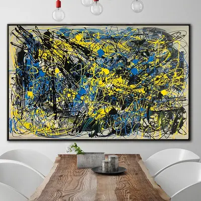 Jackson Pollock Style Paintings On Canvas Abstract Expressionist Painting In Blue And Yellow Colors Modern Handmade Painting ...