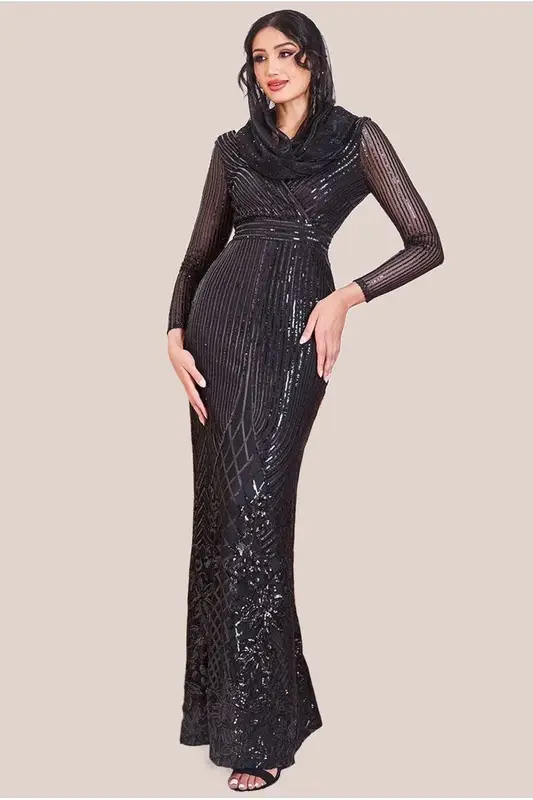 Goddiva Modesty Sequin Wrap Maxi Dress - Black