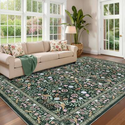 Garvee Floral 9x12 Area Rug Vintage Boho Plush Soft Faux Wool Non-Slip Stain Resistant Dark Green Living Room Bedroom