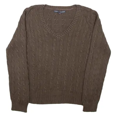 TOMMY HILFIGER Womens Jumper Brown V-Neck Cable Knit M