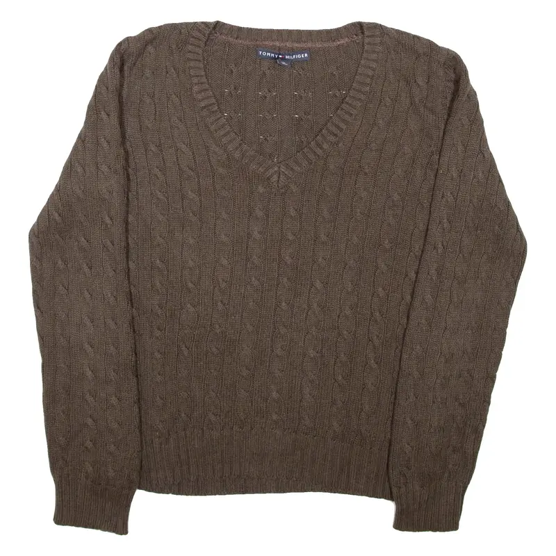TOMMY HILFIGER Womens Jumper Brown V-Neck Cable Knit M