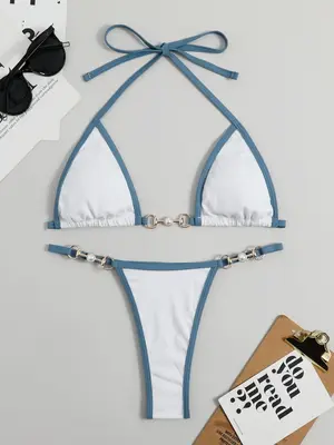 Women's Contrast Binding Chain & Faux Pearls Decor Bikini for Summer 2024, Halter Neck Triangle Swim Bra & Swim Thong, Ladies...