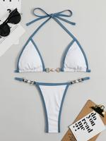 Women's Contrast Binding Chain & Faux Pearls Decor Bikini for Summer 2024, Halter Neck Triangle Swim Bra & Swim Thong, Swimsu...