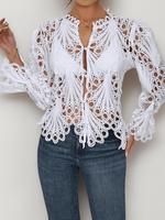 Women's Plain Hollow Out Flounce Sleeve Button Lace Blouse, Casual Chic Boho Vintage Solid Color Asymmetrical Hem Long Sleeve...
