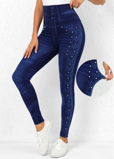 Modlily Denim Blue High Waisted Beaded Leggings - 3XL